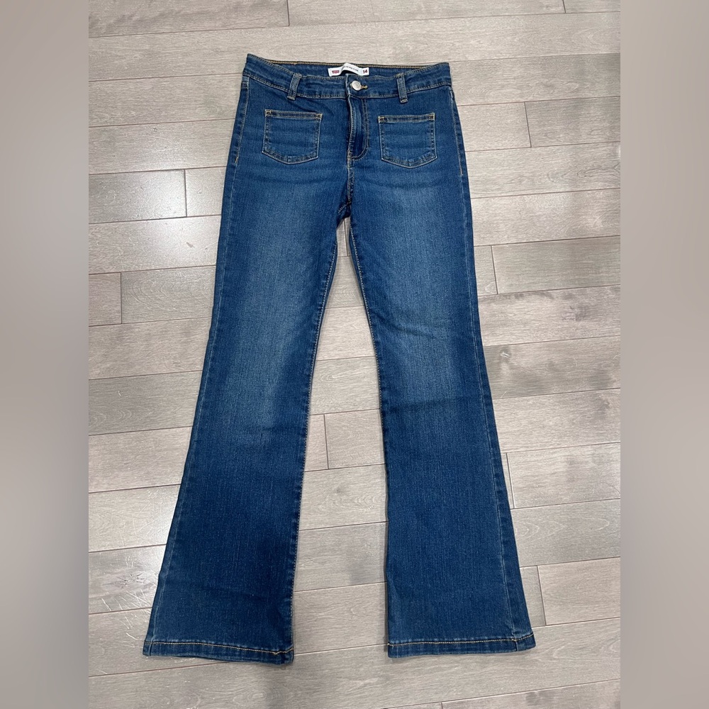 Levi’s Girls Flare Jeans, Front Patch Pockets, Medium Wash Denim, Size 14